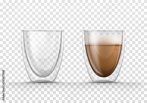 Vector realistic illustration of glasses empty and full of coffee., isolated on transparent background. Glass mug with double walls with hot drink, cappuccino or latte. Mockup for brand advertising.