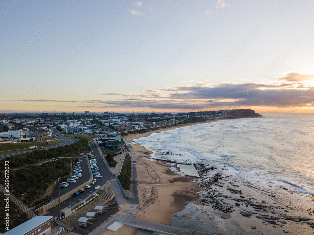 Aerial view of sunrise from Merewether Beach, Newcastle, Australia.