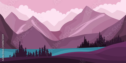 Mountain Peaks and Lake Horizontal Landscape Vector Illustration