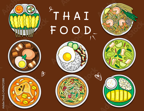 Illustration vector isolated doodle line style icon dish of Thai food top view on table at restaurant Thailand. Som tum, pad Thai, dessert,fruit, curry ,pork ,chicken, fish, noodles,rice menu