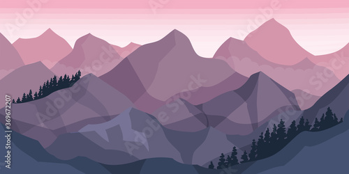 Pines and Mountain Peaks Covered with Snow Horizontal Landscape Vector Illustration