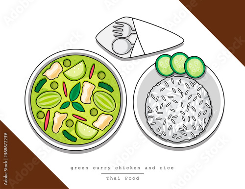 Illustration vector isolated doodle line style dish of Thai food top view on table at restaurant Thailand. Bowl of Green curry chicken coconut soup and plate on rice with fork and spoon
