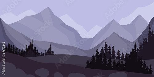 Pines and Mountain Peaks Covered with Snow Horizontal Landscape Vector Illustration