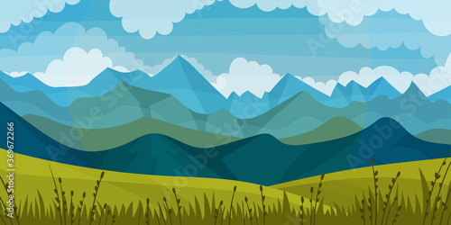 Distant Mountain Peaks and Meadow Flora Horizontal Landscape Vector Illustration