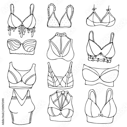 sexy underwear for woman - bra, vector set of elements in doodle style with black outline