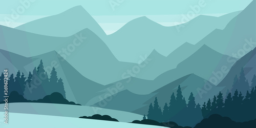 Pines and Mountain Peaks Covered with Snow Horizontal Landscape Vector Illustration