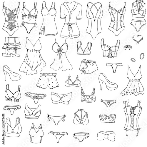 sexy underwear for woman - bra, underpants, set, peignoir, vector set of elements in doodle style with black outline