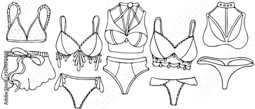 sexy underwear for woman - panties, bra, set, vector set of doodle style elements with black outline