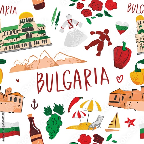 Decorative seamless pattern with symbols, the architecture of Bulgaria isolated on white. Background with Bulgarian sights for tourist guides, tourists, Souvenirs. Flat cartoon vector illustration.