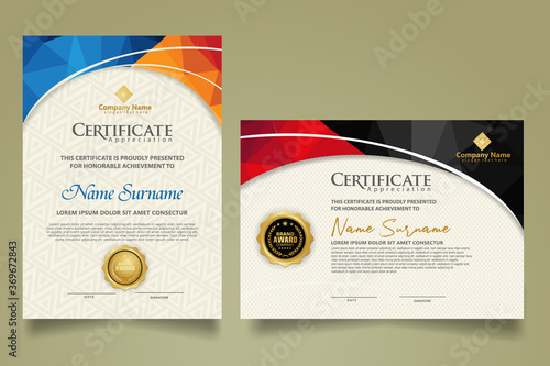 Set modern certificate template with triangle geometric polygon on circular lines ornate background