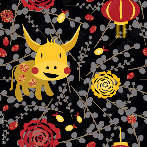 Vector Chinese new year of the ox seamless pattern background. Cute gold kawaii bull, paper cut peonies, pomelo and jujubu fruit on pussy willow backdrop. Calendar symbol of 2021. Celebration concept.