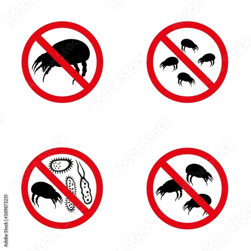 Set of vector warning signs about dust mites parasites. Secure your home. Dangerous, cause allergies and hives.