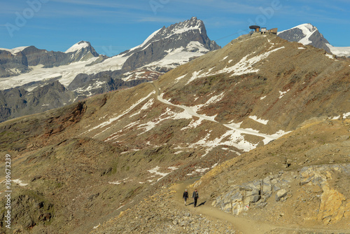 View from the peak of Gornergrat over Zermatt in the Swiss alps