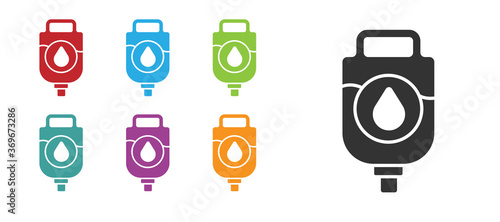 Black IV bag icon isolated on white background. Blood bag. Donate blood concept. The concept of treatment and therapy, chemotherapy. Set icons colorful. Vector Illustration.