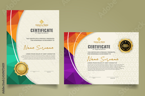 Set modern certificate template with triangle geometric polygon on circular lines ornate background