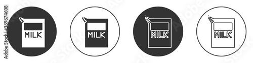 Black Paper package for milk icon isolated on white background. Milk packet sign. Circle button. Vector Illustration.