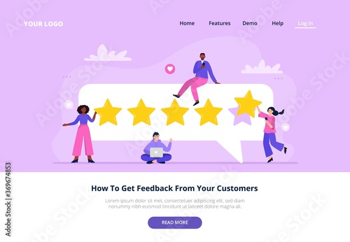 Landing page template with rating concept. People are giving evaluations for product, service. Customer satisfaction ratings and feedback. Trendy vector flat illustration.