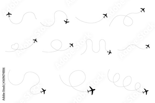 Airplane dotted route line set. Flight tourism route path.  Airplane line path vector icon of air plane flight route with start point and dash line trace