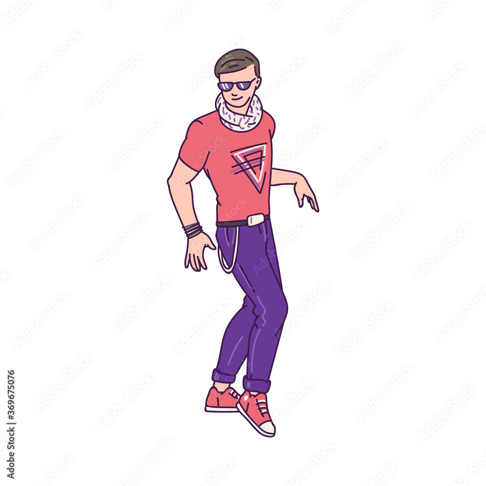 Fashionable young man character dancing sketch vector illustration isolated.