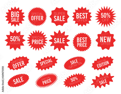 Red sale starburst sticker set - collcetion of stared round and oval labels and badges with best offer and discount sign