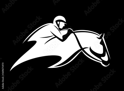 jockey riding racing horse - equestrian sport black and white vector outline emblem