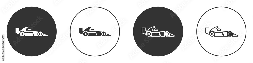 Black Formula 1 racing car icon isolated on white background. Circle button. Vector Illustration. Black Formula 1 racing car icon isolated on white background. Circle button. Vector Illustration.