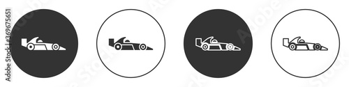 Black Formula 1 racing car icon isolated on white background. Circle button. Vector Illustration.
