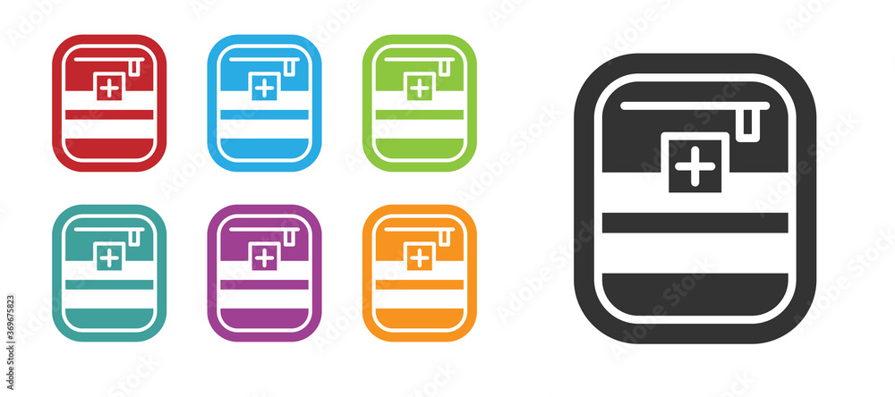 Black First aid kit icon isolated on white background. Medical box with cross. Medical equipment for emergency. Healthcare concept. Set icons colorful. Vector Illustration. Black First aid kit icon isolated on white background. Medical box with cross. Medical equipment for emergency. Healthcare concept. Set icons colorful. Vector Illustration.