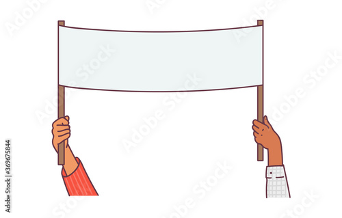 Hands holding blank white placard or banner, sketch cartoon vector illustration.