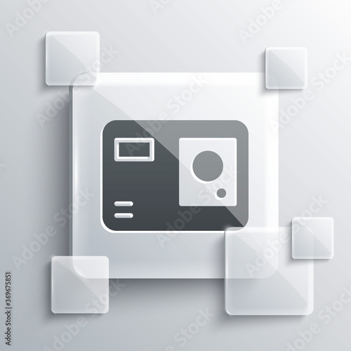 Grey Action extreme camera icon isolated on grey background. Video camera equipment for filming extreme sports. Square glass panels. Vector Illustration.