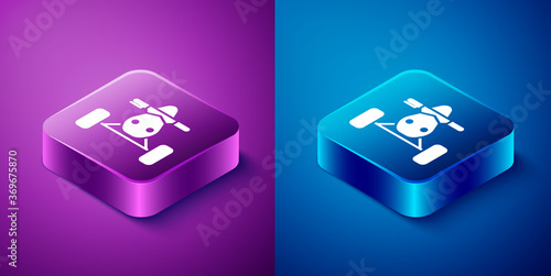 Isometric All Terrain Vehicle or ATV motorcycle icon isolated on blue and purple background. Quad bike. Extreme sport. Square button. Vector Illustration.