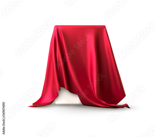 Realistic box covered with red silk cloth. Isolated on white background. Satin fabric wave texture material. Textile design, fabric. Vector illustration