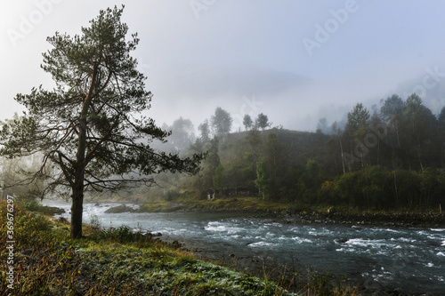 view of the mountain river in fog