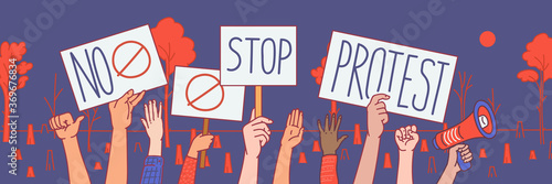 Protest political banner with hands holding placards cartoon vector illustration.
