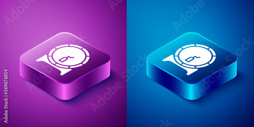 Isometric Wooden barrel on rack with stopcock icon isolated on blue and purple background. Square button. Vector Illustration.