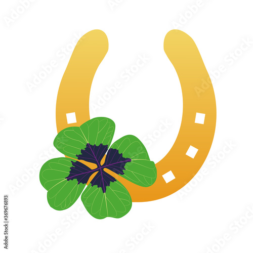 Gold horseshoe with four leaf clover. Saint Patrick's Day concept. Lucky symbols. Casino design. Vector illustration isolated in flat style on white background.  photo