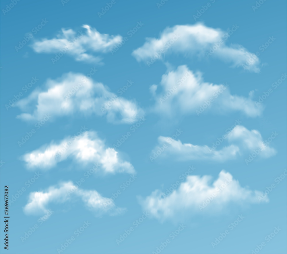 Obraz premium Set of transparent different clouds isolated on blue background. Real transparency effect. Vector illustration