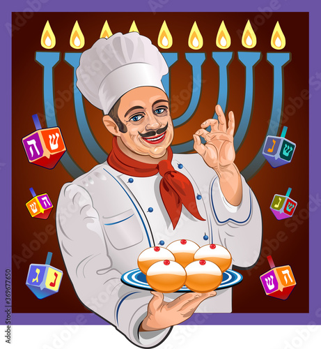 Hanukkah menorah. Sufganiot and Savivon