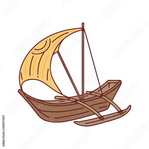 Brown wooden boat with yellow sail isolated on white background