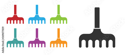 Black Garden rake icon isolated on white background. Tool for horticulture, agriculture, farming. Ground cultivator. Set icons colorful. Vector Illustration.