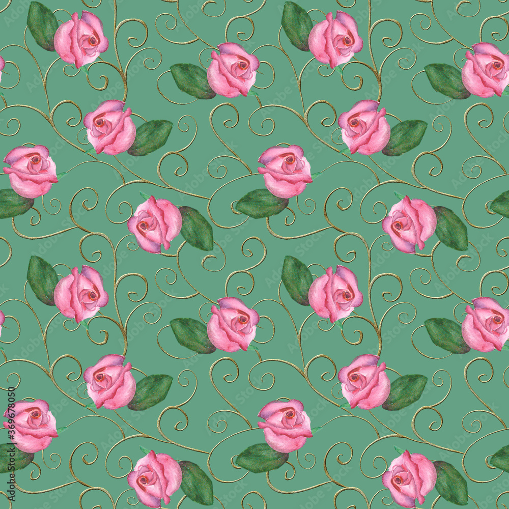 Baroque seamless pattern with golden scrolls and rose flowers Baroque seamless pattern with golden scrolls and rose flowers