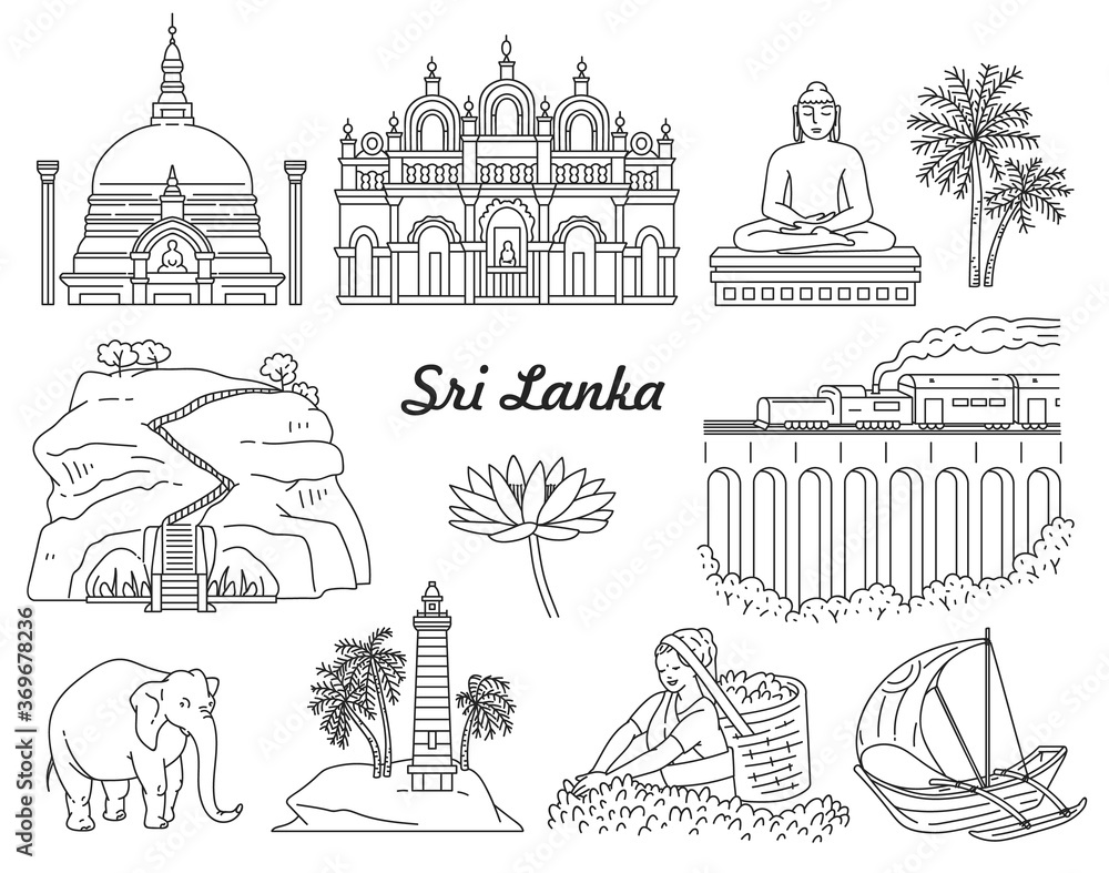 Sri Lanka landmarks icons set in black line sketch vector illustration isolated.