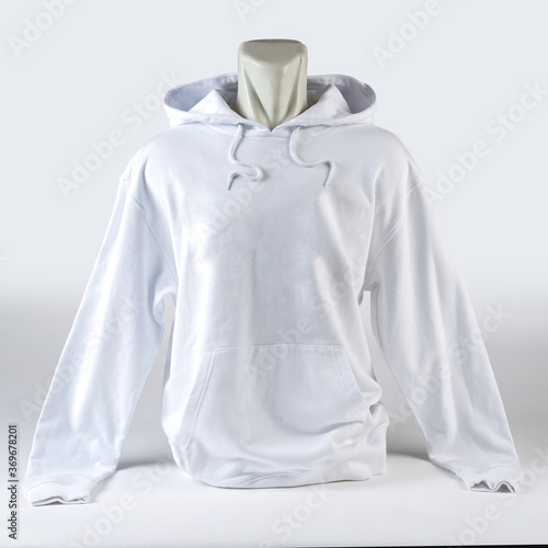 photo of a white jacket using a mannequin, or a white hoodie, front and back views, looks solid, used for mockups or design templates.