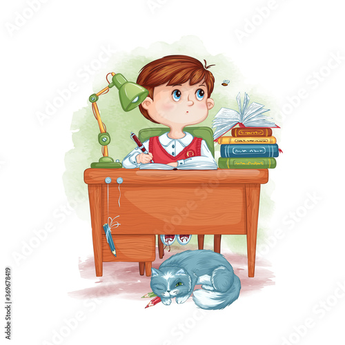 Illustration of a schoolboy boy writes and looks at a flying bee. The child is doing homework. Vector cartoon character and textured watercolor background.