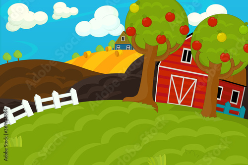 cartoon farm ranch scene with happy animals illustration for children