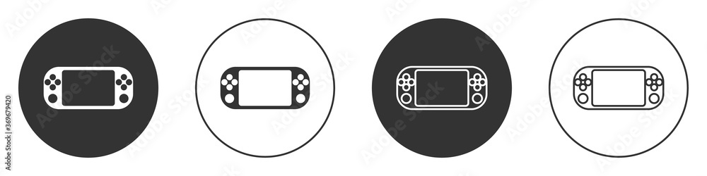 Black Portable video game console icon isolated on white background. Gamepad sign. Gaming concept. Circle button. Vector Illustration. Black Portable video game console icon isolated on white background. Gamepad sign. Gaming concept. Circle button. Vector Illustration.