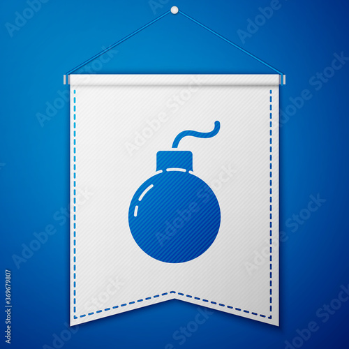 Blue Bomb ready to explode icon isolated on blue background. White pennant template. Vector Illustration.