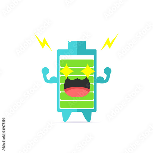 Cute battery life character feeling strong cause of full power isolated on white background. Battery life character emoticon illustration