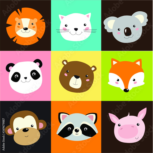 Vector background with cartoon animals. Animal face  cartoon lion  fox  panda  koala  bear  pig  raccoon  fox  monkey  cat. Pattern for kids 