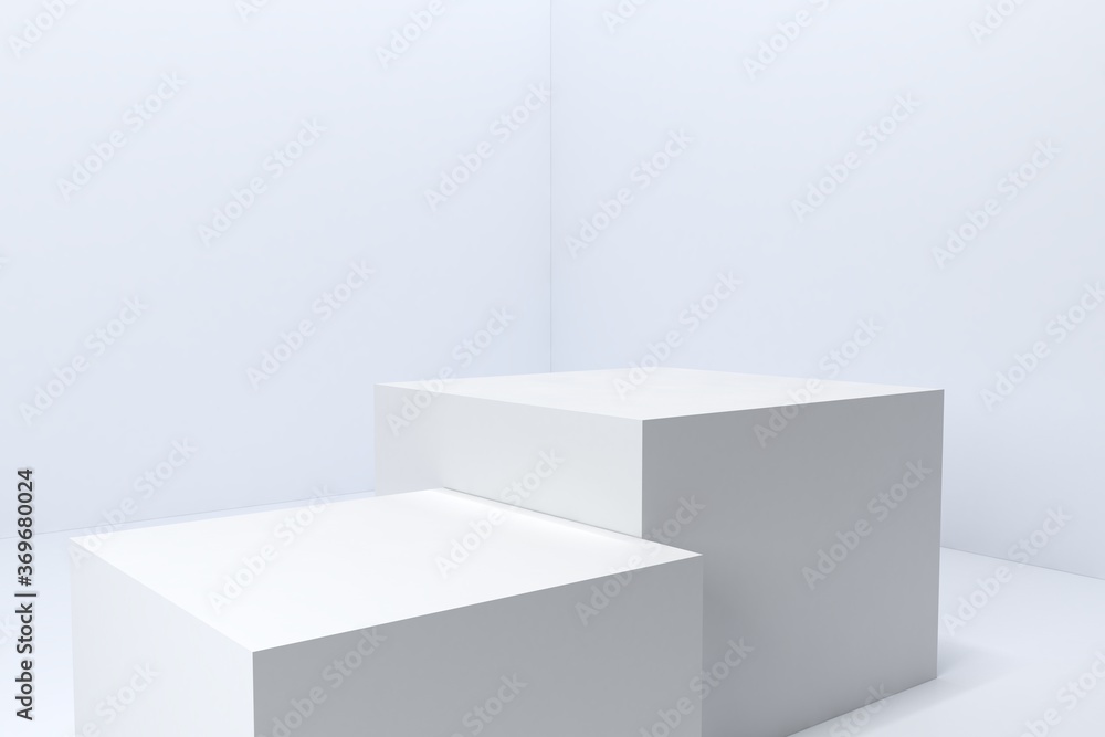 3d render, two white podiums, platforms for products. Cube pillar stand scene, winner pedestal in studio on white background.